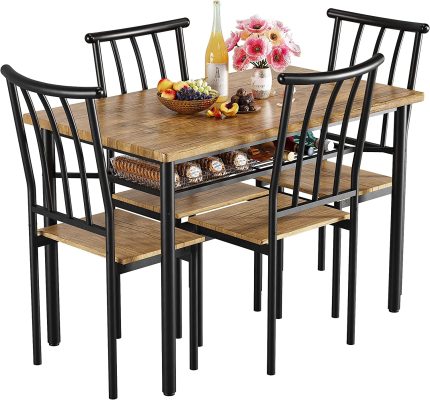 IDEALHOUSE 5-Piece Dining Table Set for 4, Kitchen Table and Chairs for 4 with Storage Rack, Metal and Wood Rectangular Dining Room Table Set for Kitchen, Dining Room, Dinette(Rustic Brown)