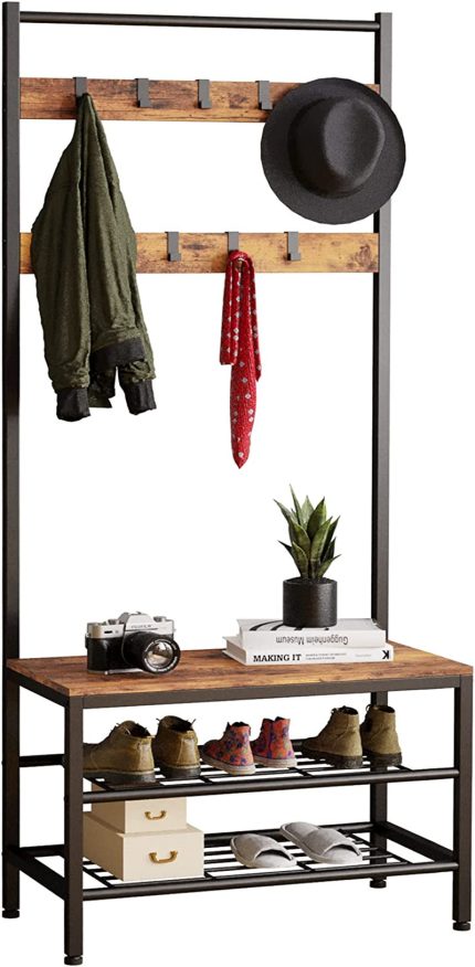 Coat Rack Shoe Bench, Hall Tree with Shoe Rack for Entryway, 3-in-1 Industrial Entryway bench, 3-Tier Storage Shelf and 9 Hooks Removable, Industrial, Vintage Brown