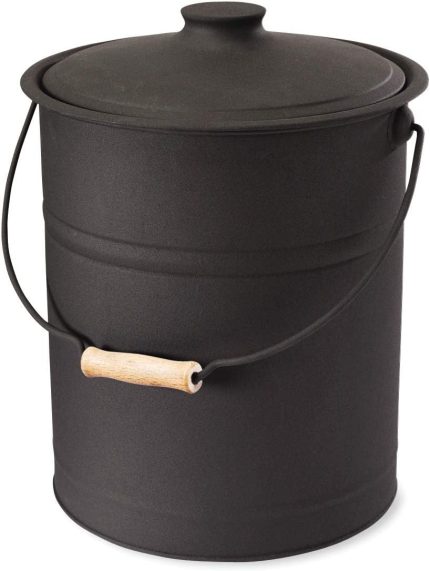 Plow & Hearth Double Bottom Metal Fireplace Ash Bucket with Lid and Handle, 10" Diameter x 13" H, Charcoal Black