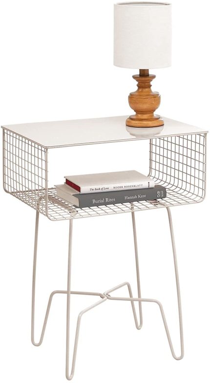 mDesign Steel Side Table Nightstand with Storage Shelf Basket for Bedroom, Living Room, Home Office; Rustic Bedside End Table, Industrial Modern Accent Furniture - Concerto Collection - Cream/Beige