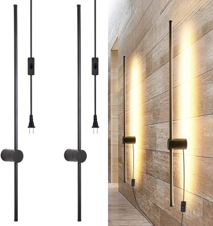 Ditoon Modern Plug in Wall Sconce Set of 2 LED Black Wall Lights with Plug in Cord On/Off Switch 39 3/8 inches Warm White Wall Mounted Deco Lamp for Living Room Bedroom(2-Pack)