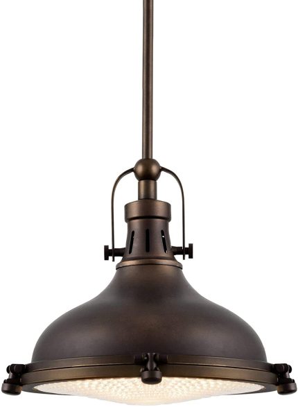 Kira Home Beacon 11" Industrial Farmhouse/Nautical Pendant Light with Round Fresnel Glass Lens, Adjustable Hanging Height, Oil-Rubbed Bronze Finish