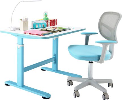 Costzon Kids Desk and Chair Set, Children Study Computer Desk & Chair w/Adjustable Height, Lumbar Support, Sit-Brake Casters, Ample Tabletop for School, Study Room, Kids Room, Writing, Drafting (Blue)