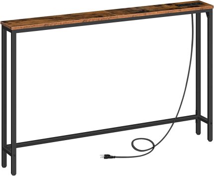 47.2” Skinny Console Table with Power Outlets and USB Ports, Entryway Table with Charging Station, Narrow Sofa Table, Behind Couch Table, for Entryway, Hallway, Foyer, Rustic Brown BF15XG01