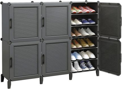 JYYG Portable Shoe Rack, 36 Pairs DIY Shoe Storage Shelf Organizer, Plastic Shoe Organizer for Entryway, Shoe Cabinet with Door, Grey