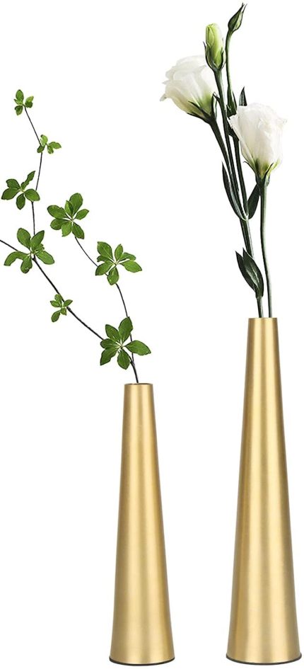 Vixdonos 10.5/8.5 inch Gold Metal Vase Small Flower Vase Set of 2 Taper Vase for Wedding Table Centerpiece Decorations, Home Decor (Gold)