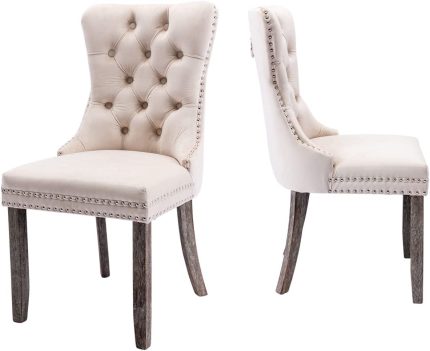 Kiztir Velvet Upholstered Dining Chairs Set of 2, Wingback Dining Room Chairs with Ring Pull Trim and Button Back, Luxury Tufted Dining Chair for Living Room, Bedroom, Kitchen (Beige)
