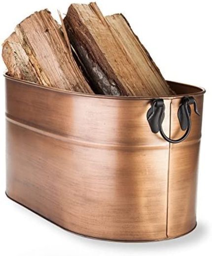 Plow & Hearth Galvanized Steel Firewood Bucket with Wrought Iron Handles 21.75 L x 12.75 W x 11.5 H inches, Antique Copper