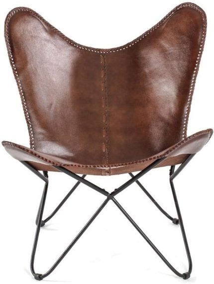 MH London Butterfly Chair - Genuine Leather - Handmade, Solid Iron Frame - Industrial Lounge Chair - Modern Iconic Recliner - 32.29 x 28.75 x 27.15 - Montreux, Brown