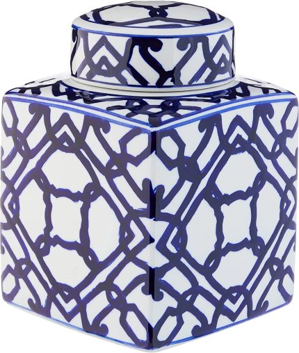 Creative Co-Op Blue & White Ceramic Ginger Jar with Lid