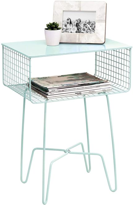 mDesign Steel Side Table Nightstand with Storage Shelf Basket for Bedroom, Living Room, Home Office; Rustic Bedside End Table, Industrial Modern Accent Furniture - Concerto Collection - Mint Green