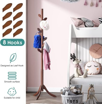 Coat Rack Free Standing, Bamboo Coat Stand with 8 Hooks, Coat Tree for Entryway, Hallway, Corner, Bedroom & Office, 3 Adjustable and Sturdy Coat Rack for Coats, Hats, Scarves, and Handbags