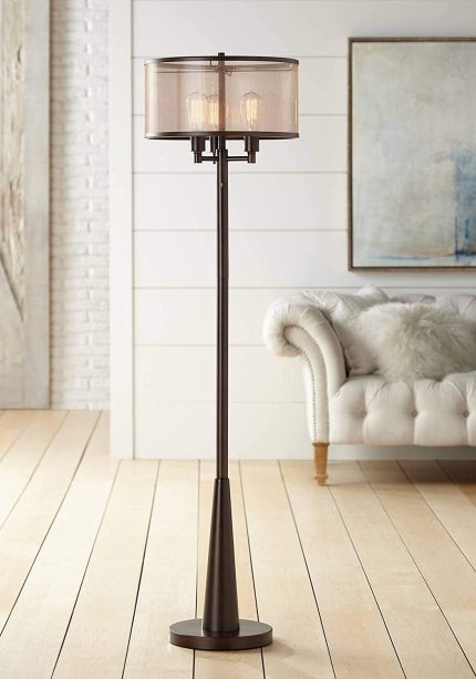 Durango Rustic Farmhouse Vintage Standing Floor Lamp 3-Light 62" Tall Oiled Bronze Brown Sheer Shade Antique LED Bulbs for Living Room Reading House Bedroom Home Office - Franklin Iron Works