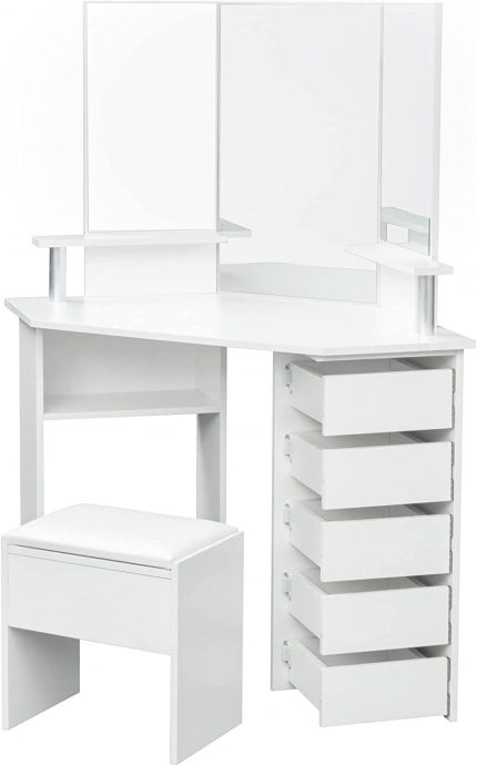 Corner Dressing Table Make up Desk with Three-fold Mirror and 5 Rotary Drawer Wooden Bedroom Vanity Table, Makeup Vanity