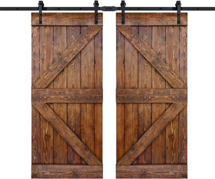 ISLIFE 2 Sets 36in X 84in K Series DIY Knotty Pine Wood Interior Sliding Barn Door with 6FT Hardware Kit +2Handles (Classic Walnut)