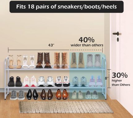 MISSLO 2 Tier Long Shoe Rack for Closet Shoe Organizer Holds 18-Pairs, Wide Low Stackable Shoe Storage Shelf for Bedroom Floor, Men Boots, Women Heels, Kids Sneakers (Grey)