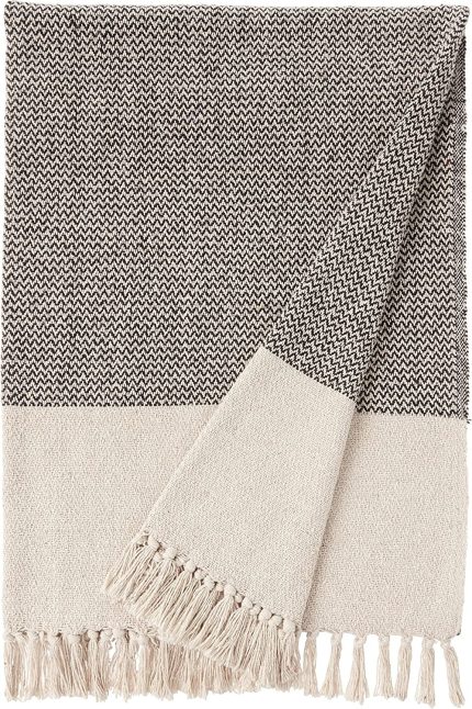 Bloomingville A14208833 Grey & Cream Cotton Knit Throw with Fringe