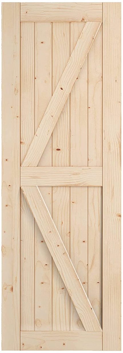 EaseLife 30in x 84in Sliding Barn Wood Door,Interior Doors,DIY Assemblely Unfinished Solid Natural Spruce Panelled Slab,Easy Install,Apply to Rooms & Storage Closet,K-Frame
