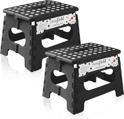 Casafield 9" Folding Step Stool with Handle (Set of 2), Black - Portable Collapsible Small Plastic Foot Stool for Kids and Adults - Use in The Kitchen, Bathroom and Bedroom