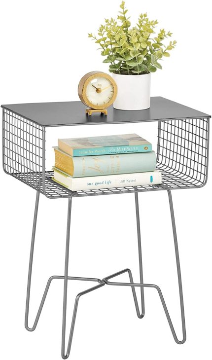 mDesign Steel Side Table Nightstand with Storage Shelf Basket for Bedroom, Living Room, Home Office; Rustic Bedside End Table, Industrial Modern Accent Furniture - Concerto Collection - Dark Gray