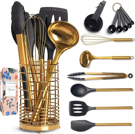 Black & Gold Kitchen Utensils with Metal Gold Utensil Holder -17PC Gold Cooking Utensils Set Includes Black & Gold Measuring Cups and Spoons Set-Gold Kitchen Accessories, Silicone Cooking Utensils Set