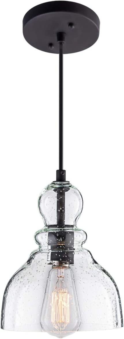 LANROS Farmhouse Kitchen Pendant Lighting with Handblown Clear Seeded Glass Shade, Adjustable Cord Mini Ceiling Light Fixture for Kitchen Island Sink, Matte Black Finish, 7inch, 1 Pack