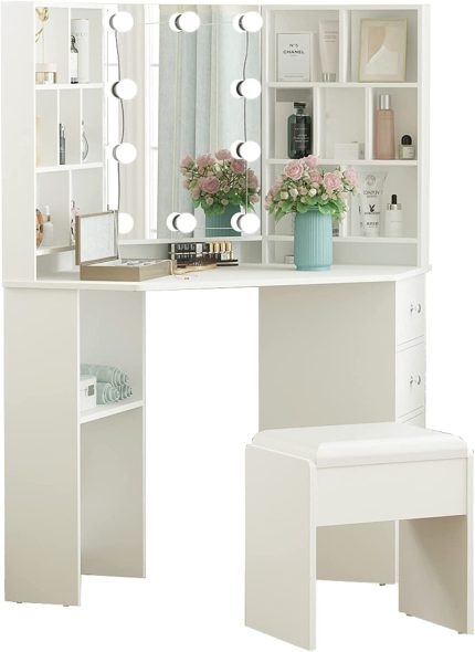 Corner Makeup Vanity Desk with Lighted Mirror,White Vanity Set with Lights,Large Dressing Tables with Lots Storage for Bedroom,3 Lighting Modes with Adjustable Brightness,46 Inch