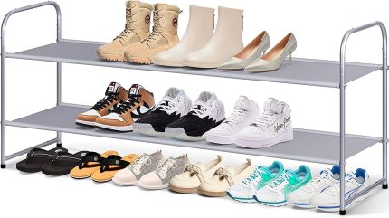MISSLO 2 Tier Long Shoe Rack for Closet Shoe Organizer Holds 18-Pairs, Wide Low Stackable Shoe Storage Shelf for Bedroom Floor, Men Boots, Women Heels, Kids Sneakers (Grey)