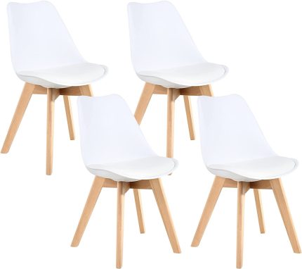 GOT Dining Chairs Mid Century Side Chairs Dining Chairs,4Pcs Accent Shell Lounge Chair Upholstered Dining Room Chairs High Backrest Kitchen Chairs with Natural Wood Legs (White)