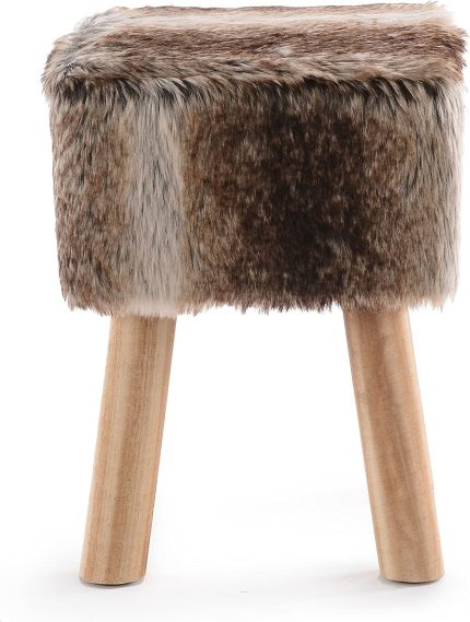 Cheer Collection 11" Square Ottoman | Super Soft Decorative Brown Fox Faux Fur Foot Stool with Wood Legs