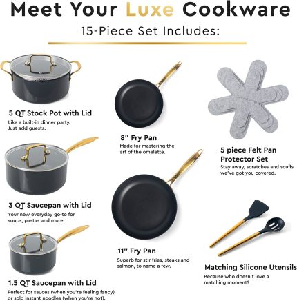 Black and Gold Pots and Pans Set Nonstick - 15 Piece Luxe Black Pots and Pans Set - Induction Compatible, 100% PFOA Free Nonstick Frying Pans, Sauce Pans, Pot with Strainer Lid, Gold Kitchen Utensils