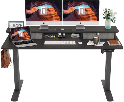 Height Adjustable Electric Standing Desk with Double Drawer, 55 x 24 Inch Stand Up Table with Storage Shelf, Sit Stand Desk with Splice Board, Black Frame/Black Top