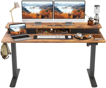 Height Adjustable Electric Standing Desk with Double Drawer, 55 x 24 Inch Stand Up Table with Storage Shelf, Sit Stand Desk with Splice Board, Black Frame/Rustic Brown Top
