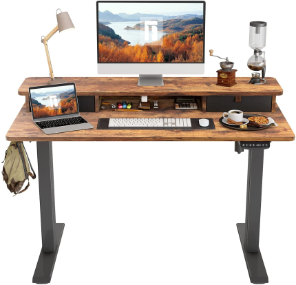 Height Adjustable Electric Standing desk with Double Drawer, 48 x 24 Inch Table with Storage Shelf, Sit Stand Desk with Splice Board, Black Frame/Rustic Brown Top, 48 inch