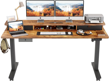Height Adjustable Electric Standing Desk with Double Drawer, 60 x 24 Inch Stand Up Table with Storage Shelf, Sit Stand Desk with Splice Board, Black Frame/Rustic Brown Top