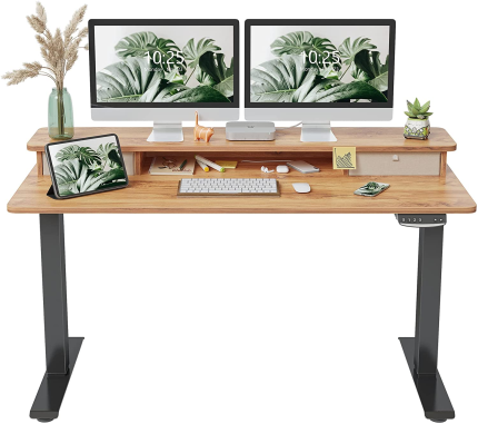 Height Adjustable Electric Standing Desk with Double Drawer, 55 x 24 Inch Stand Up Table with Storage Shelf, Sit Stand Desk with Splice Board, Black Frame/Light Rustic Top