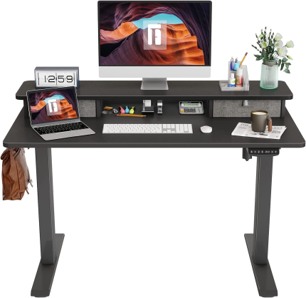 Height Adjustable Electric Standing Desk with Double Drawer, 48 x 24 Inch Stand Up Table with Storage Shelf, Sit Stand Desk with Splice Board, Black Frame/Black Top