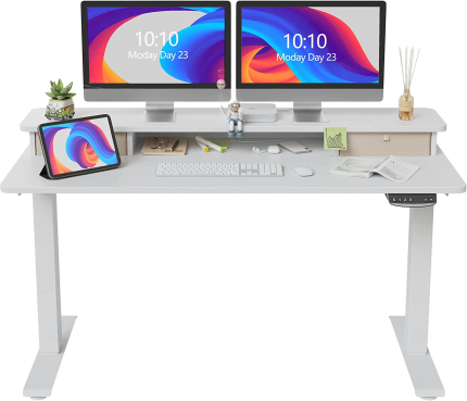 Height Adjustable Electric Standing Desk with Double Drawer, 55 x 24 Inch Stand Up Table with Storage Shelf, Sit Stand Desk with Splice Board, White Frame/White Top
