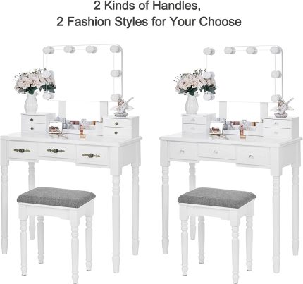 ANWBROAD Vanity Set with Lighted Mirror Makeup Dressing Table Set Desk Large 8 LED Bulbs Frameless Mirror 3 Colors Modes Dimming Cushioned Stool 7 Drawers 3 Dividers White UBDT03W