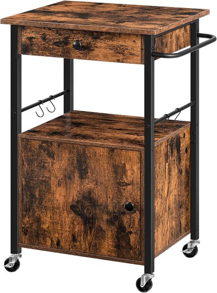 Kitchen Island Cart with Storage Cabinet and Drawer, Storage Cart on Wheels, Kitchen Rolling Cart with Hooks and Handle, for Kitchen, Dining Room, Living Room, Rustic Brown BF04ZD01