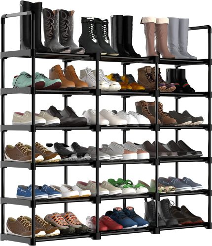 Shoe Rack for Closet, Shoe Organizer for Entryway, Shoe Shelf, Free Standing Shoe Rack, Metal Stackable Shoe Rack 30-36 Pairs Shoes Boots Storage Black with Handrail
