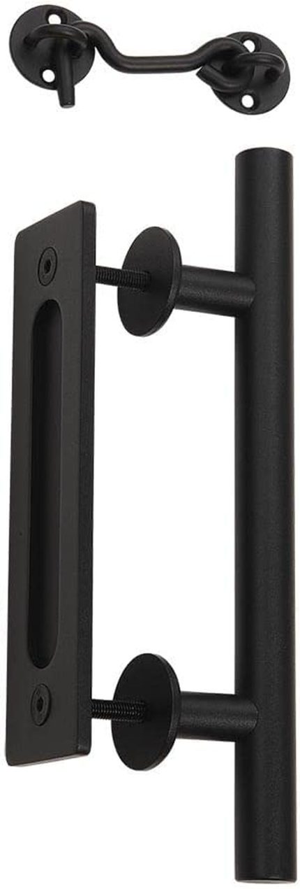 Graushing 12.1” Sliding Barn Door Pull and Flush Handle Kit with Hook and Eye Lock Hardware Set, Black