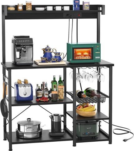 Bakers Rack with Power Outlet, Microwave Stand, Kitchen Storage Shelf with Wire Basket, Coffee Bar Station with Wine Glass Holder, 35.4" Kitchen Stand Rack for Spices, Pots, and Pans, Black