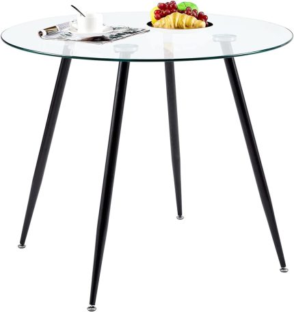 H.J WeDoo Clear Glass Round Dining Table, Coffee Table with Metal Legs for Kitchen Dining Room Living Room,35.43" D x 35.43" W x 29.53" H,Black