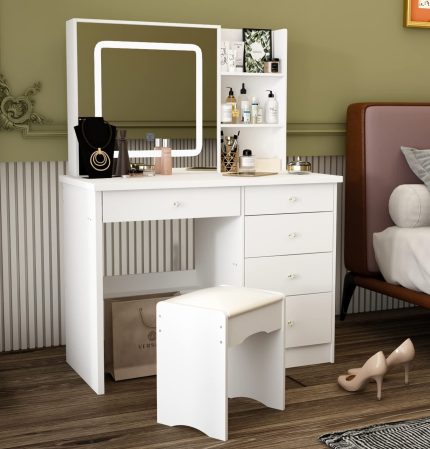 AGOTI Vanity Set with Lighted Sliding Mirror, Makeup Vanity Table with 5 Drawers & 3 Shelves, Cushioned Stool, Dressing Vanity Table, for Bedroom, White