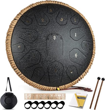 Steel Tongue Drum - HOPWELL 15 Note 14 Inch Tongue Drum - Hand Pan Drums with Music Book, Steel Handpan Drum Mallets and Carry Bag, D Major (Black)