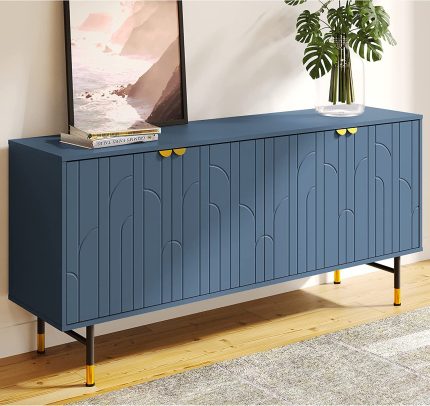 DG Casa Hemsby Mid Century Modern 4 Art Deco Doors Storage Compartment Gold Metal Handle Pull & Feet Buffet Cabinet Table Furniture for Living Room Kitchen Dining Entryway Hallway - Sideboard in Blue