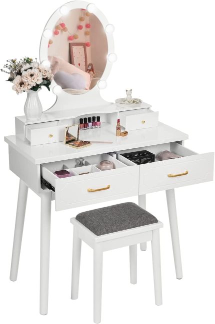 ANWBROAD Vanity Set with LED Lighted Mirror Makeup Dressing Table Set Desk Large Mirror Cushioned Stool 4 Drawers 3 Dividers Mute Rails for Bedroom Makeup Jewellery Storage Set White UBDT02L