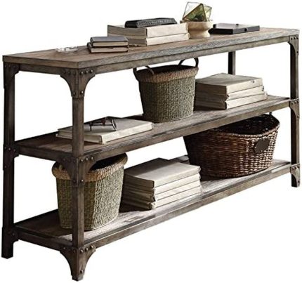 BOWERY HILL Contemporary Style 60" Console Table in Weathered Oak and Antique Silver