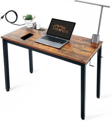 Hosfais Computer Desk 40" with Power Strip Home Office Desktop Table Writing Study Mini Desks Easy Assembly Stable Metal Frame Small Space Workbench Workstation Rustic Brown